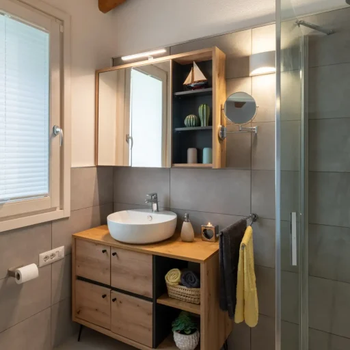 Modern bathroom with wood-accented vanity, glass shower, and decorative shelving